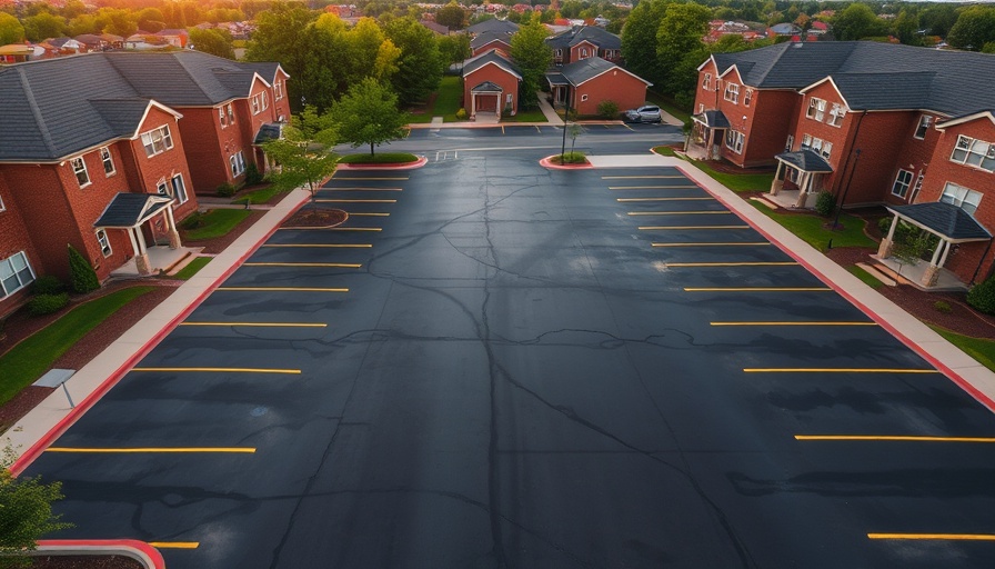 Aerial view of asphalt parking lot with brick buildings at dusk.