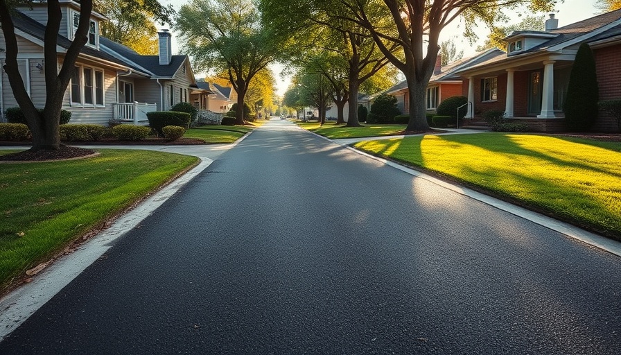 Freshly paved driveway in suburban neighborhood with trees and homes.