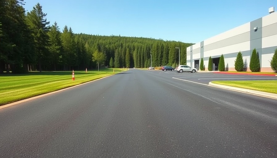 Expansive commercial driveway resurfacing with building backdrop.