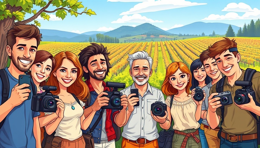 Cartoon illustration of people entering wine video contest, vibrant vineyard.