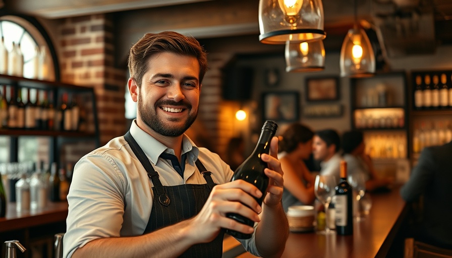 Warm ambiance at trendy wine bar for date night with smiling bartender.