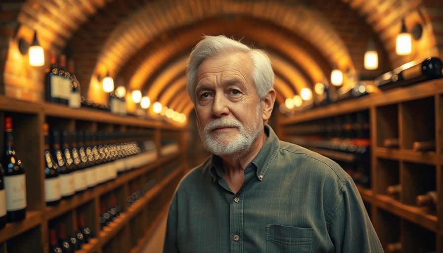 Thoughtful elderly man in rustic wine cellar with vintage bottles.