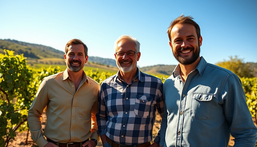 Three men at a vineyard on a sunny day, Accendo Winery sale impact on wine bars focus.