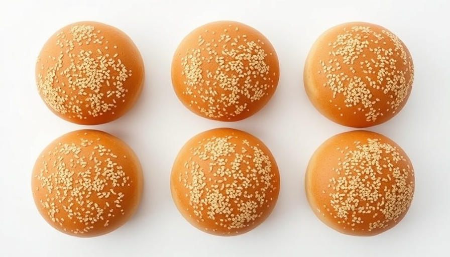 Six sesame seed burger buns on white background at the best burger bar near me.