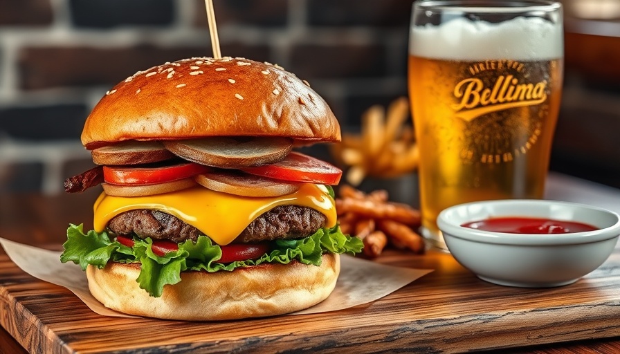Best burger for protein with beer on rustic table.