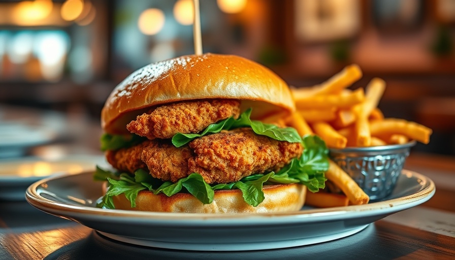 Crispy chicken burger close-up with calories focus.