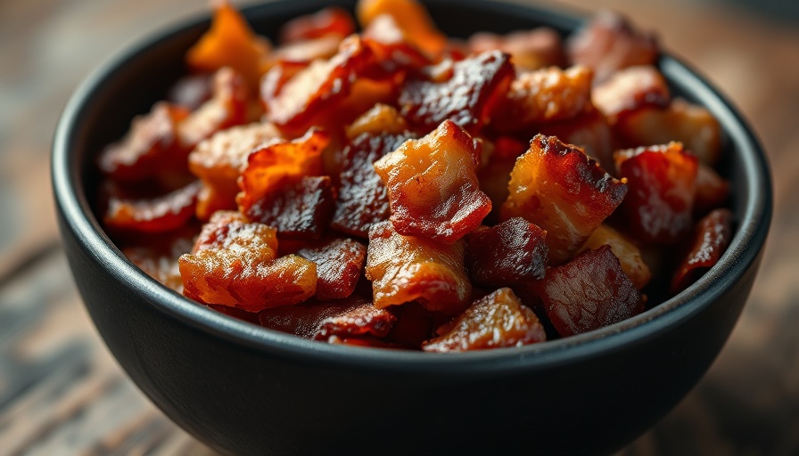 Close-up of crispy bacon bits in a bowl, best burger bar near me.