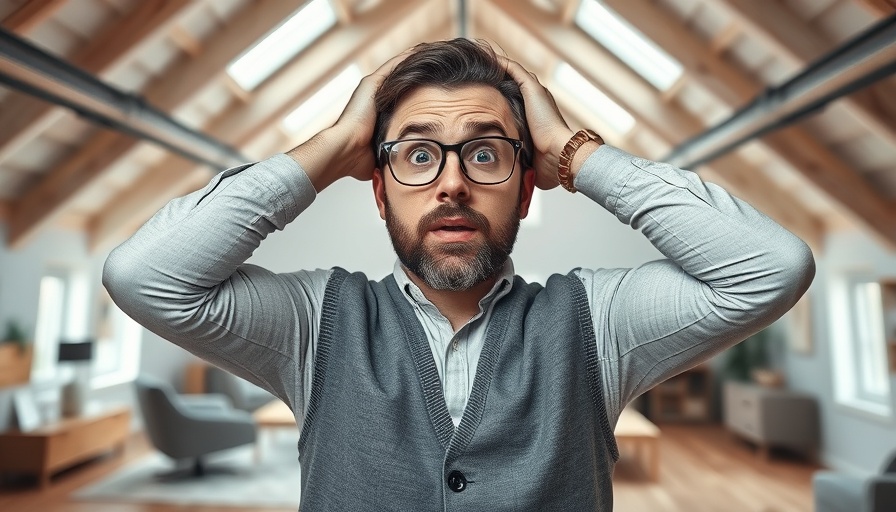 Surprised man in a modern loft conversion, spacious and bright.