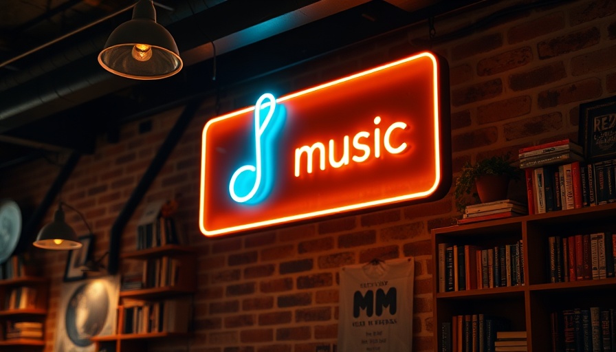 Neon-lit music sign on brick wall in cozy restaurant.