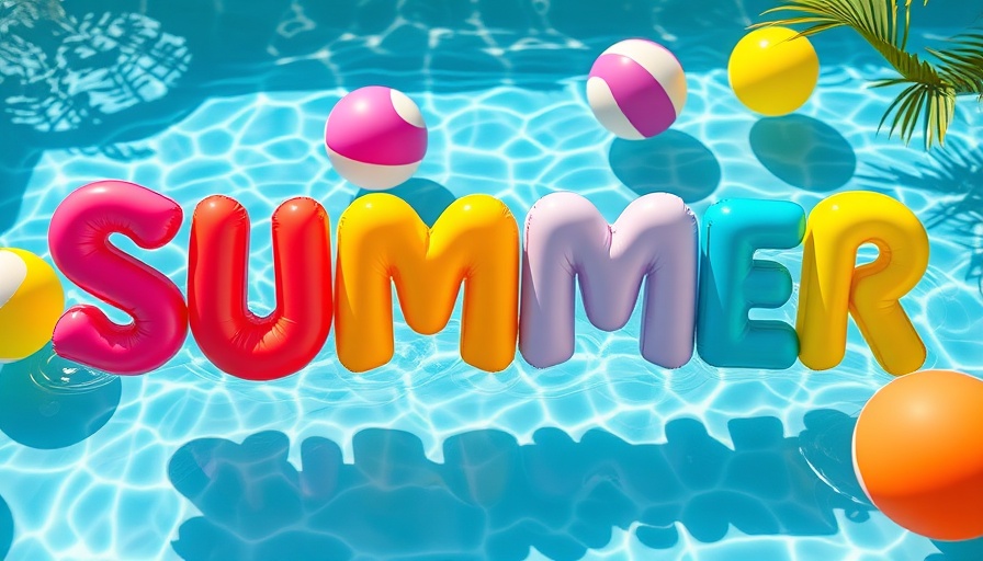 Summer pool scene with inflatables and vibrant colors.