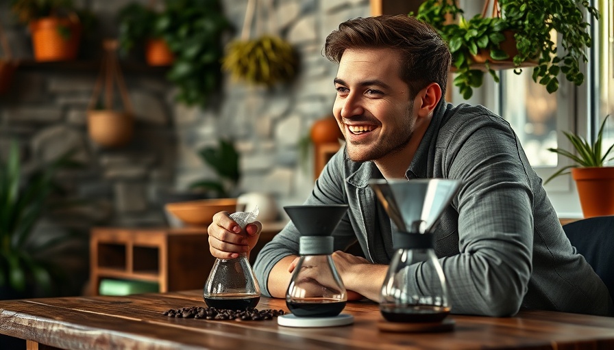 Candid smiling man with gourmet coffee setup in cozy home.