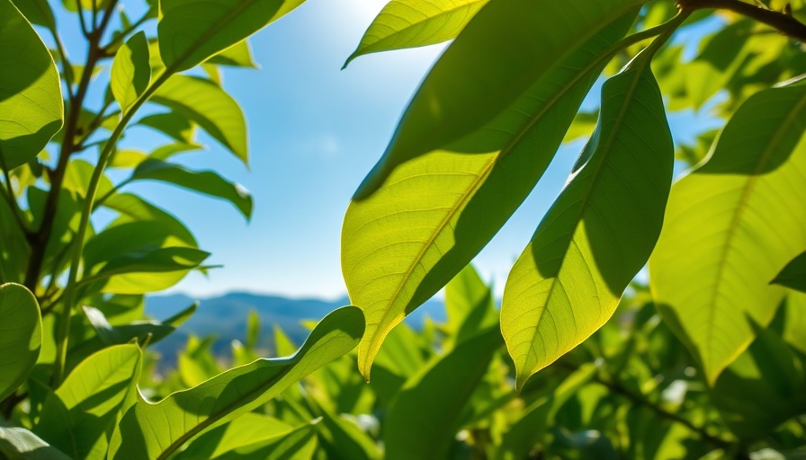 Healthy green coffee leaves under bright sunlight, thriving foliage.