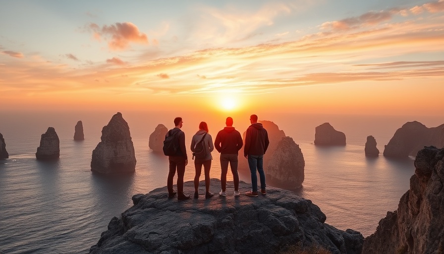 Travelers on a cliff near ocean sunset, best youth hostels nearby.