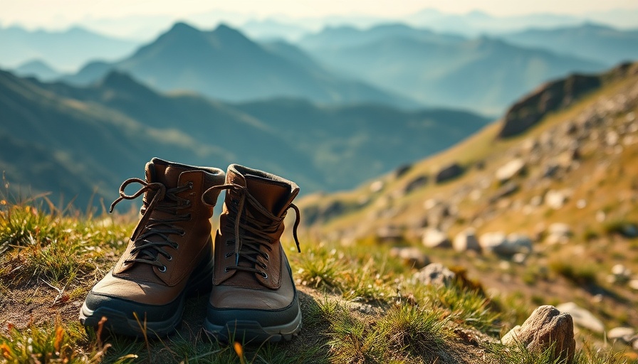 Worn hiking boots on a scenic mountain trail.
