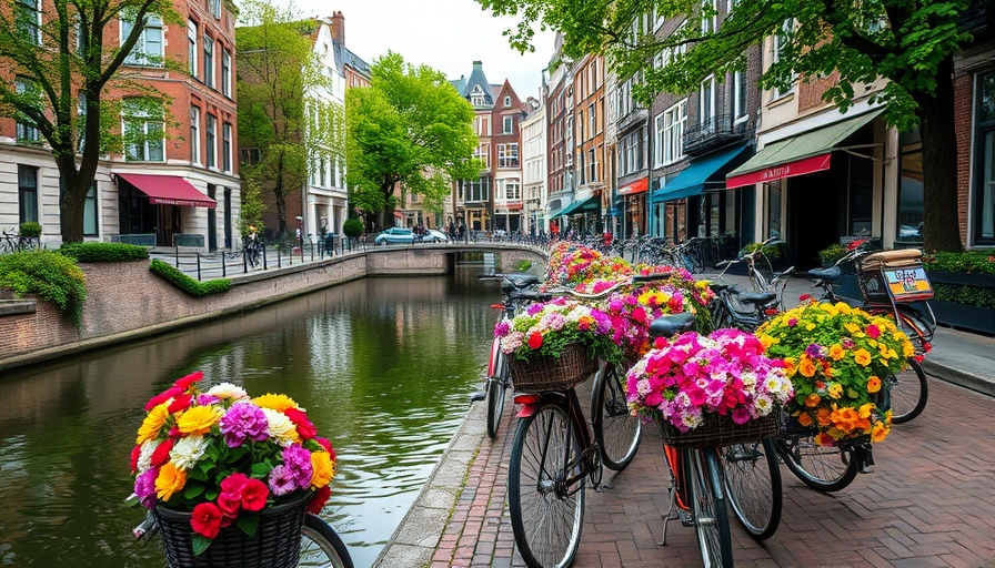 Scenic view of a European canal with bicycles and flowers, showcasing vibrant urban charm.