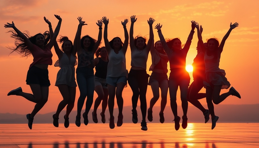 Joyful silhouettes of women celebrating safe travel in hostels, vibrant sunset.
