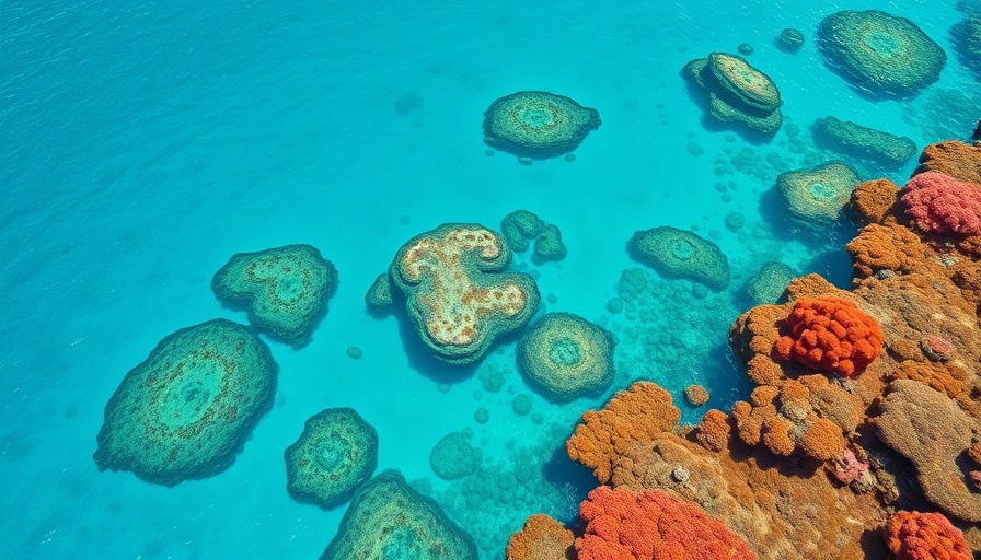 Aerial view of coral reef in vibrant aquamarine water.