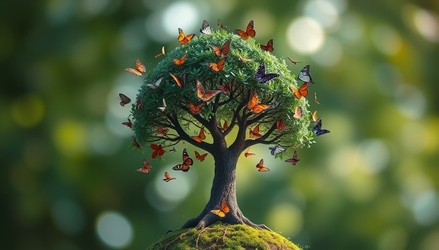 Imaginative globe-shaped tree with butterflies, symbolizing sustainability.