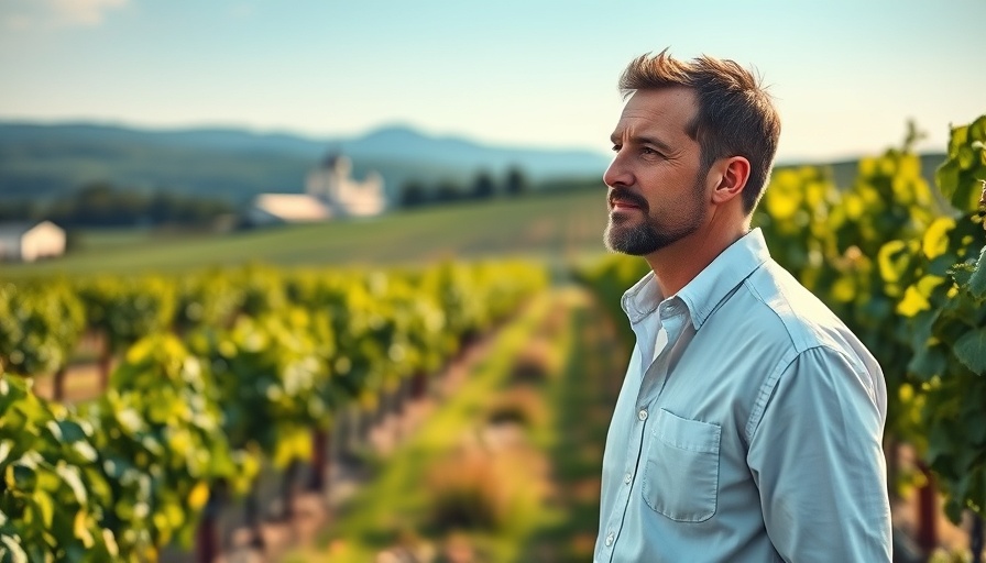 Innovative Winemaker Frédéric Panaïotis standing thoughtfully in vineyard.