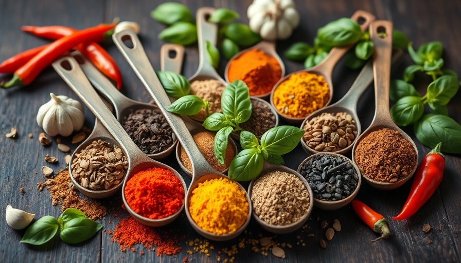 Colorful spices and herbs for vision health, rustic arrangement.