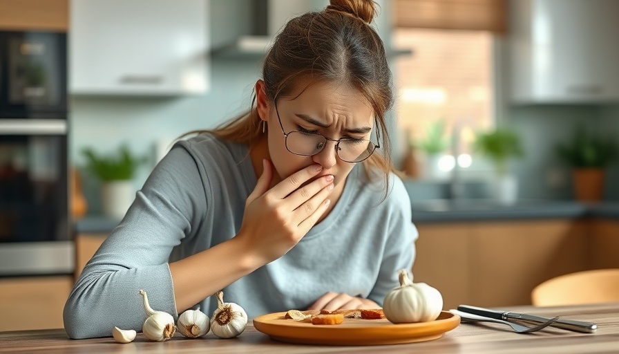 Woman with food allergy symptoms in kitchen, touching throat.