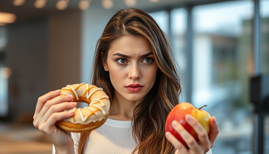 Indecisive young woman contemplating diet choices, highlighting poor diets and mental health effects on vision.