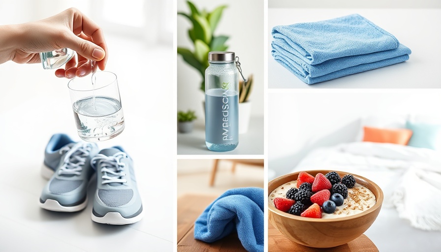 Collage of healthy lifestyle habits: hydration, exercise, nutritious breakfast, restful sleep.