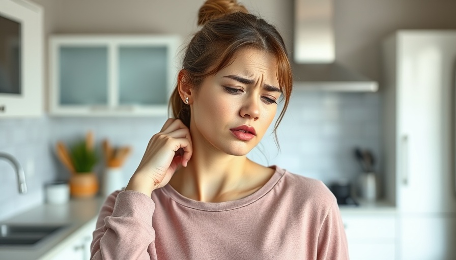 Young woman experiencing discomfort in kitchen, potentially from food allergies linked to vision problems.