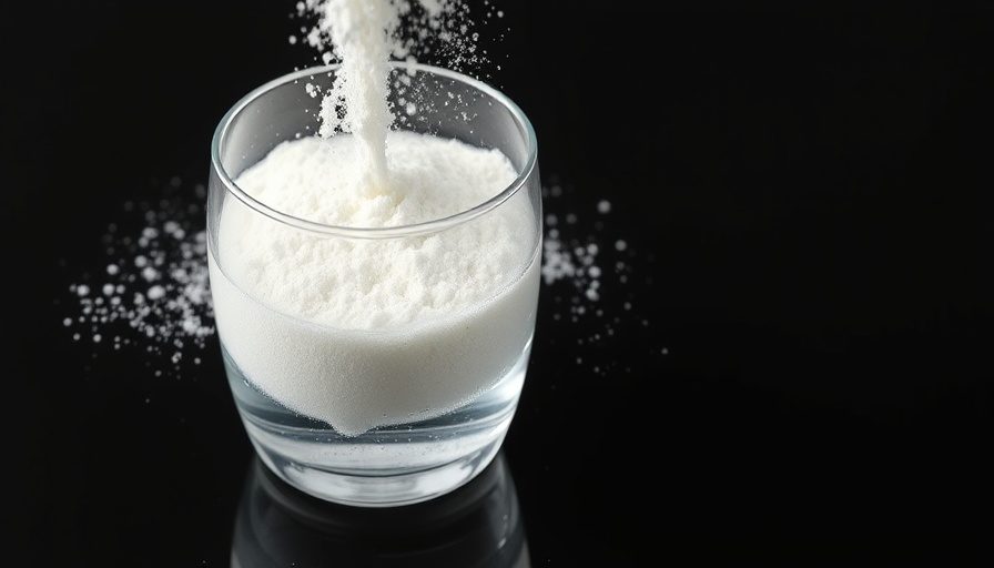 Collagen powder added to water, reflecting on a black surface.