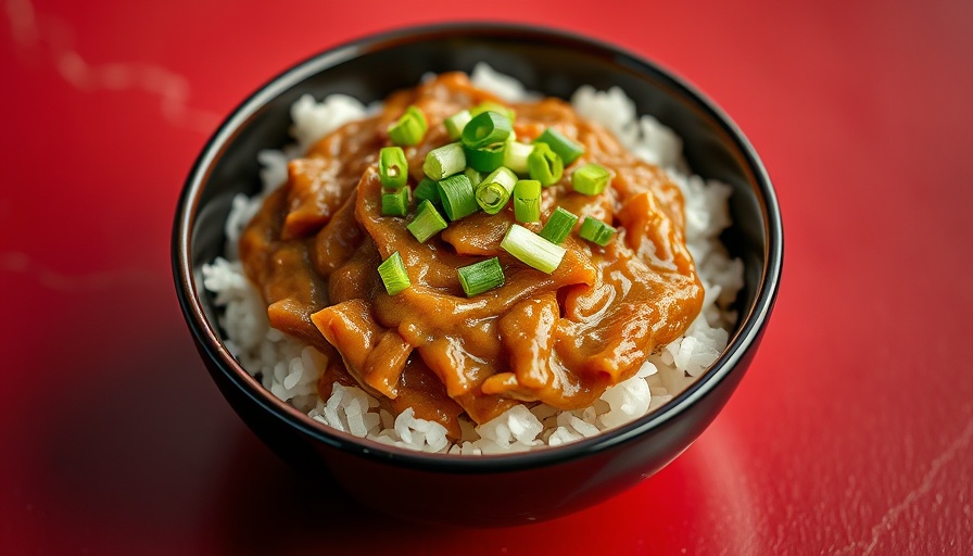 Natto dish on rice topped with green onions, wooden chopsticks, red surface.