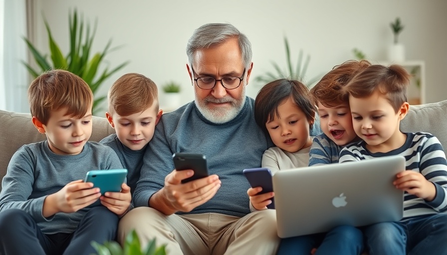 Older man and children using digital gadgets on a sofa, relating to blue light and macular degeneration AMD risk.