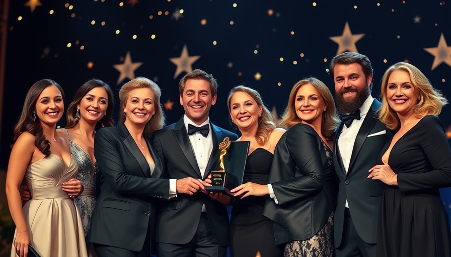 Award ceremony with elegantly dressed group on stage.