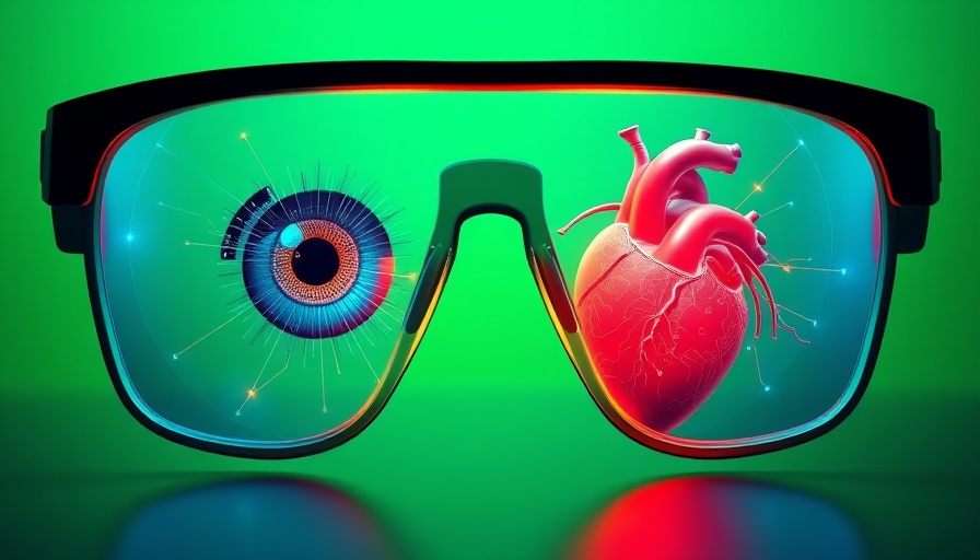 Futuristic glasses showing eye and heart, linking cardiovascular disease and eye health.