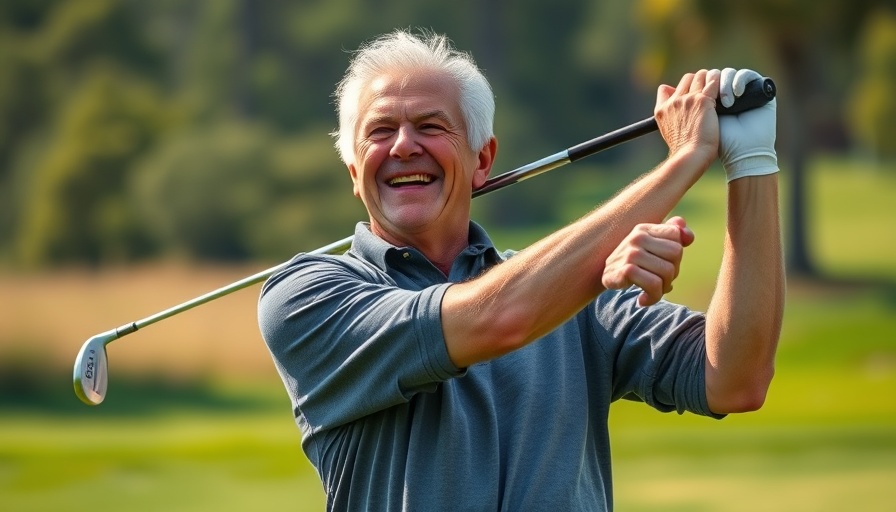Older man enjoying a golf swing on the course.