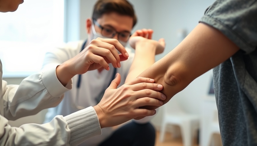 Therapist examining elbow for shockwave therapy assessment.