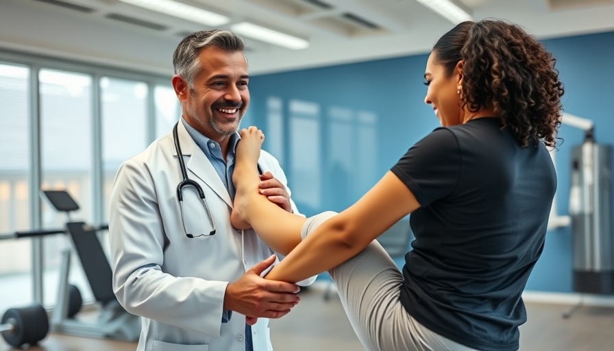 Chiropractor assisting patient in clinic with leg stretch.