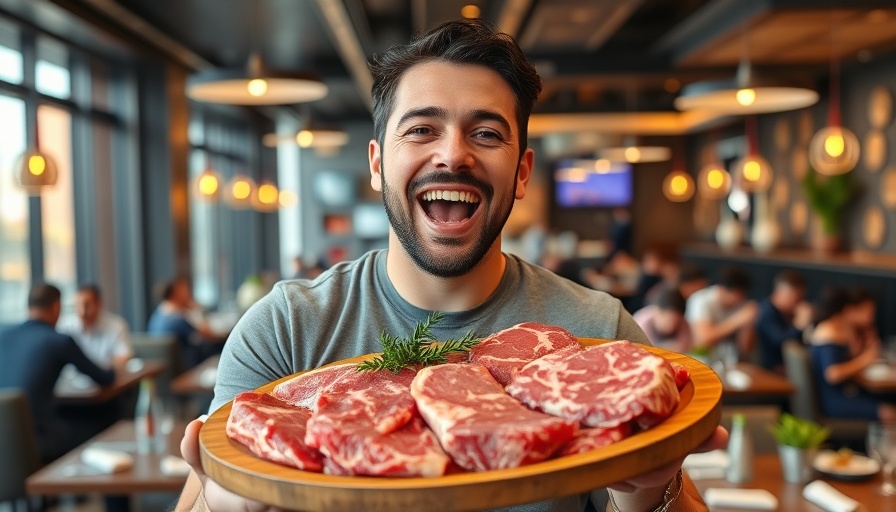 Joyful man presenting BBQ platter at best Korean BBQ restaurant in Los Angeles.