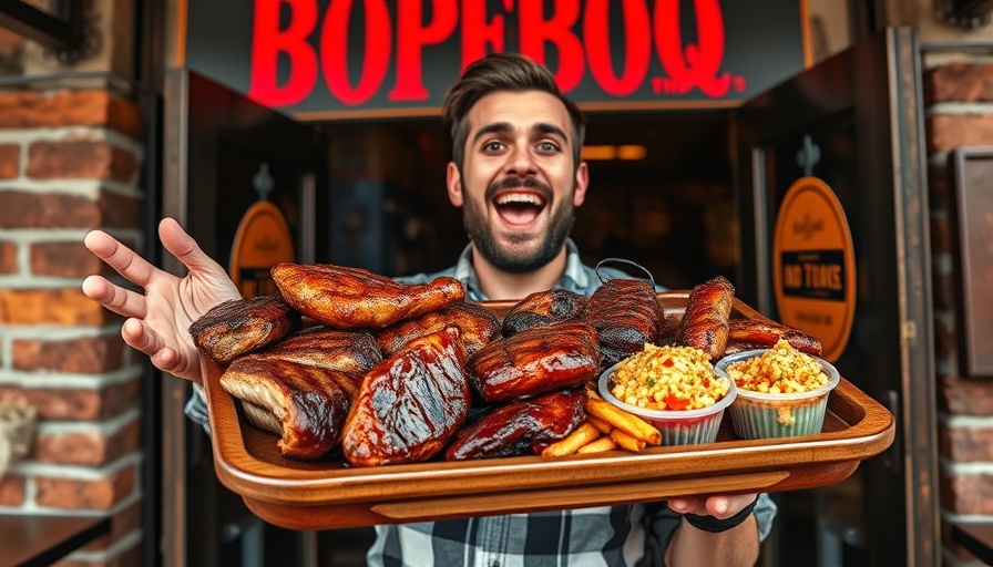 Person showcasing BBQ meats and sides outside a smokehouse.
