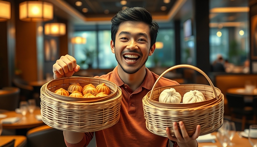 Joyful diner holding dim sum baskets, exploring Chinatown.