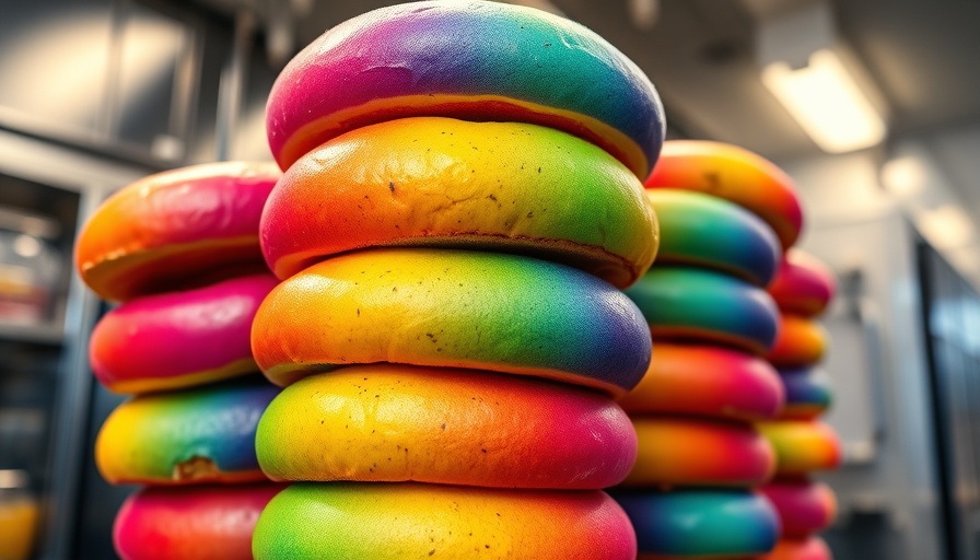 Vibrant rainbow bagels promoting best bagel shops in NYC.