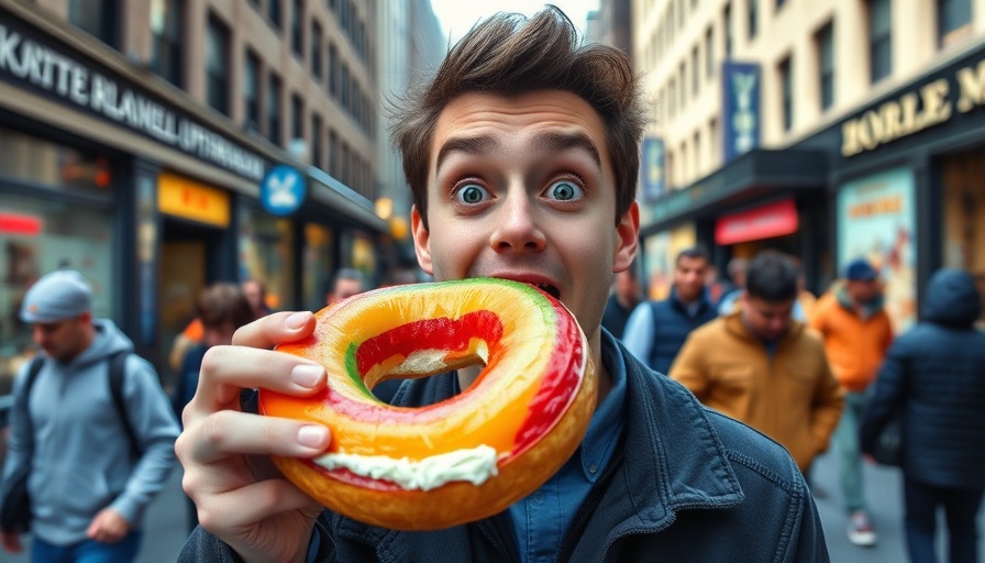 Vibrant rainbow bagel in New York City street scene.
