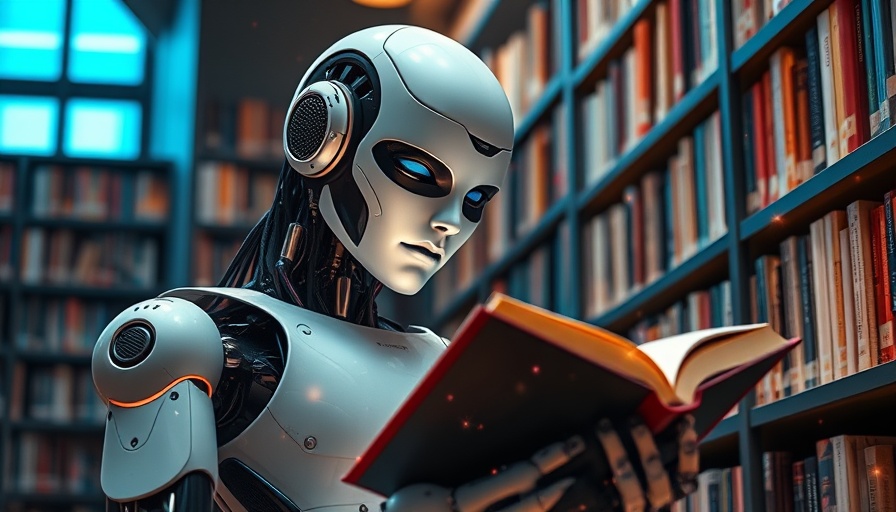 Futuristic robot reading in library, exploring AI marketing for business growth.