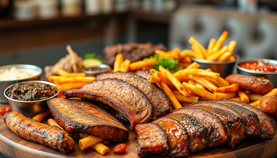 Generous BBQ platter with brisket, ribs, and sides, showcasing BBQ smokehouses near me.