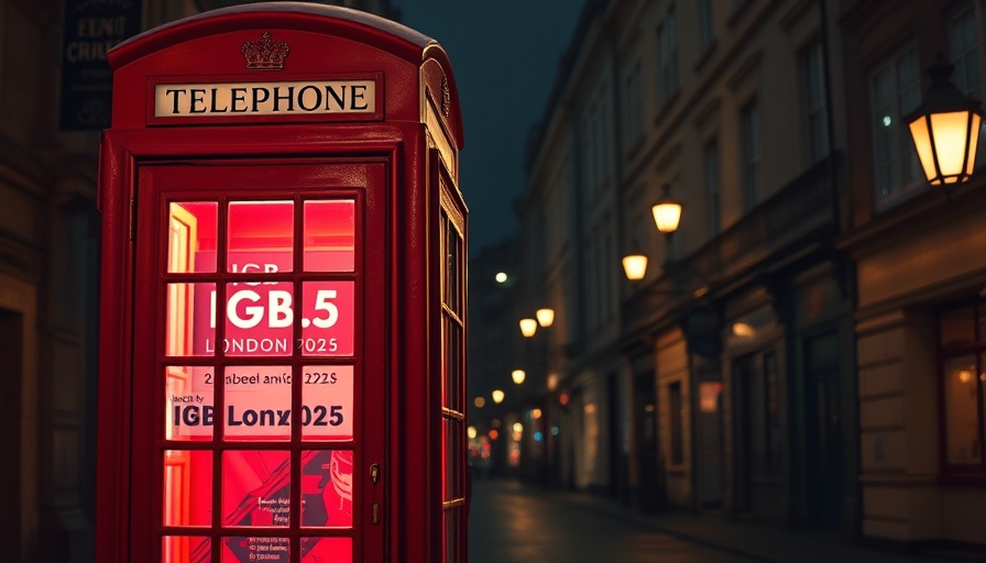 Illuminated phone booth at night, IGB London 2025 event details.