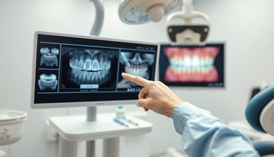 Dental professional reviews teeth alignment images on screen in clinical setting.
