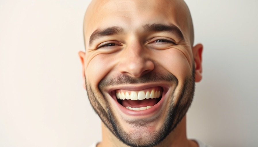 Joyful man showcasing smile, dental tourism, photorealistic.