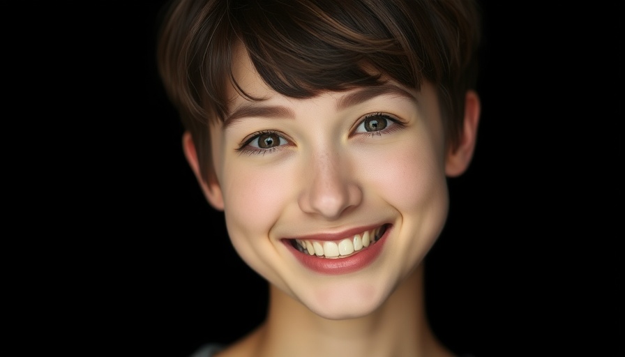 Young woman smiling warmly, with a dark background, dental tourism.