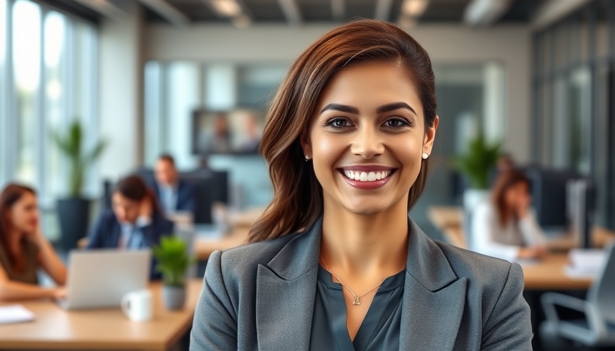 Smiling businesswoman in office with LinkedIn logo, how to make money with affiliate marketing from home.