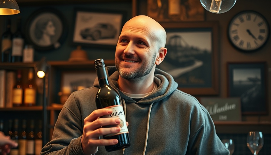 Man holding cheap wine bottle with discount label in cozy room.