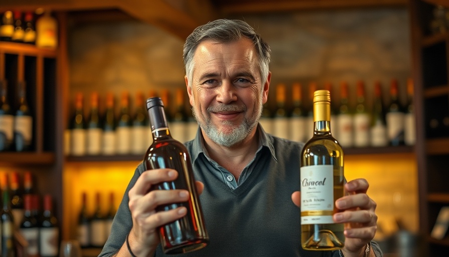 Man holding wine bottles in cozy wine bar setting.